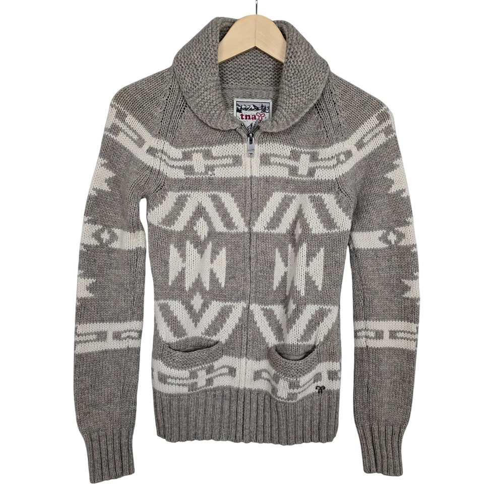 TNA Aritzia Women's Grey Sea-to-Sky Cowl Neck Lambswool Zip Up Cardigan Small